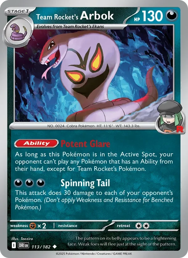 Team Rocket's Arbok 113/182 Destined Rivals Pokémon card, Uncommon, front scan