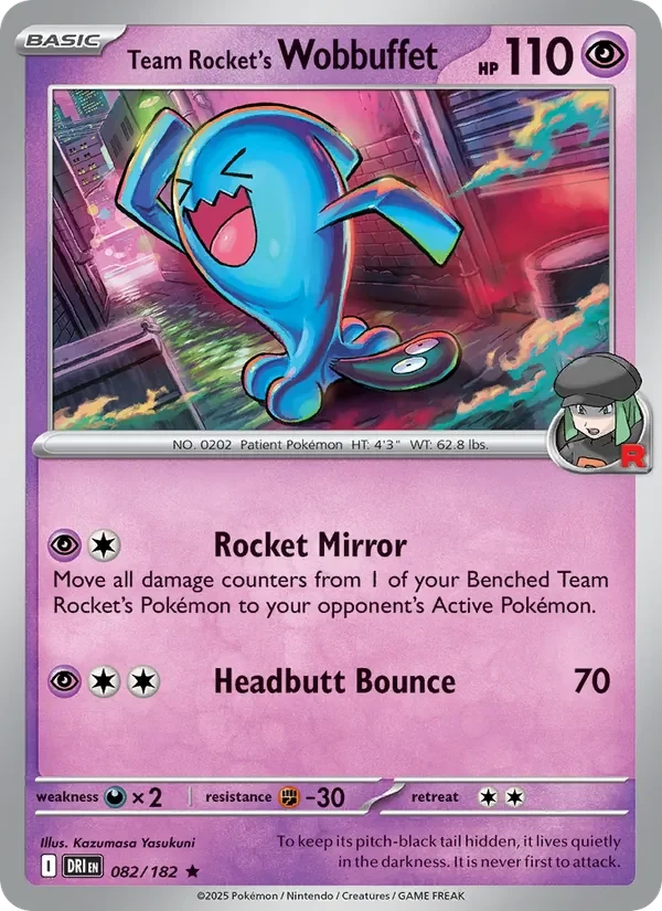Team Rocket's Wobbuffet 082/182 Destined Rivals Pokémon card, Rare, front scan