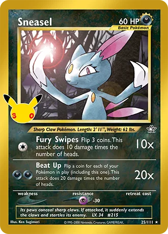 Sneasel 25/111 30th Celebration Pokémon card, Classic Collection, front scan