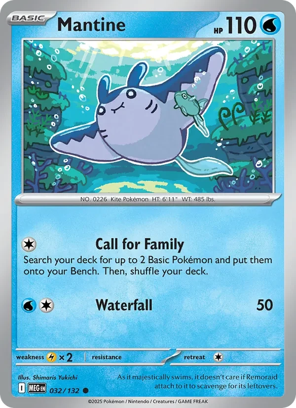 Mantine 032/132 Mega Evolution Pokémon card, Common, front scan