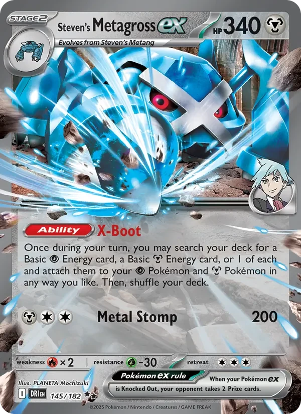 Steven's Metagross ex 145/182 Destined Rivals Pokémon card, Double Rare, front scan