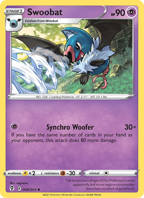 Swoobat 069/203 Evolving Skies Pokémon card, Uncommon, front scan