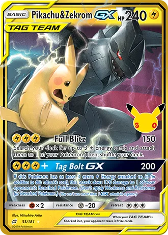 Pikachu & Zekrom GX 33/181 30th Celebration Pokémon card, Classic Collection, front scan