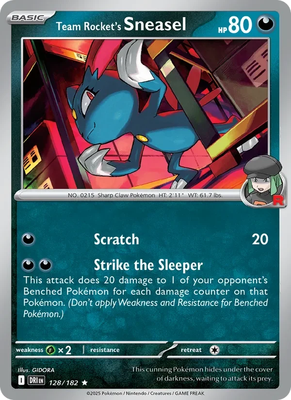 Team Rocket's Sneasel 128/182 Destined Rivals Pokémon card, Rare, front scan