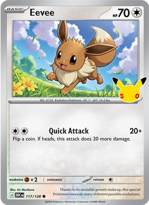 Eevee 117/128 30th Celebration Pokémon card, Common, front scan