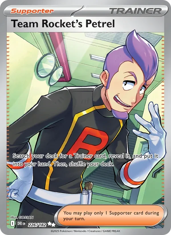 Team Rocket's Petrel 226/182 Destined Rivals Pokémon card, Ultra Rare, front scan