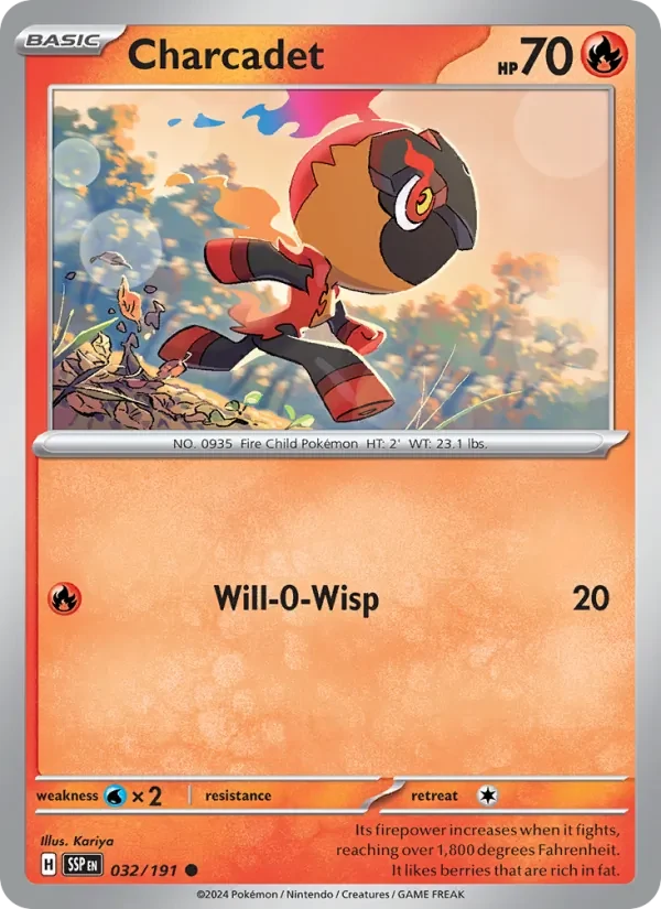Charcadet 032/191 Surging Sparks Pokémon card, Common, front scan
