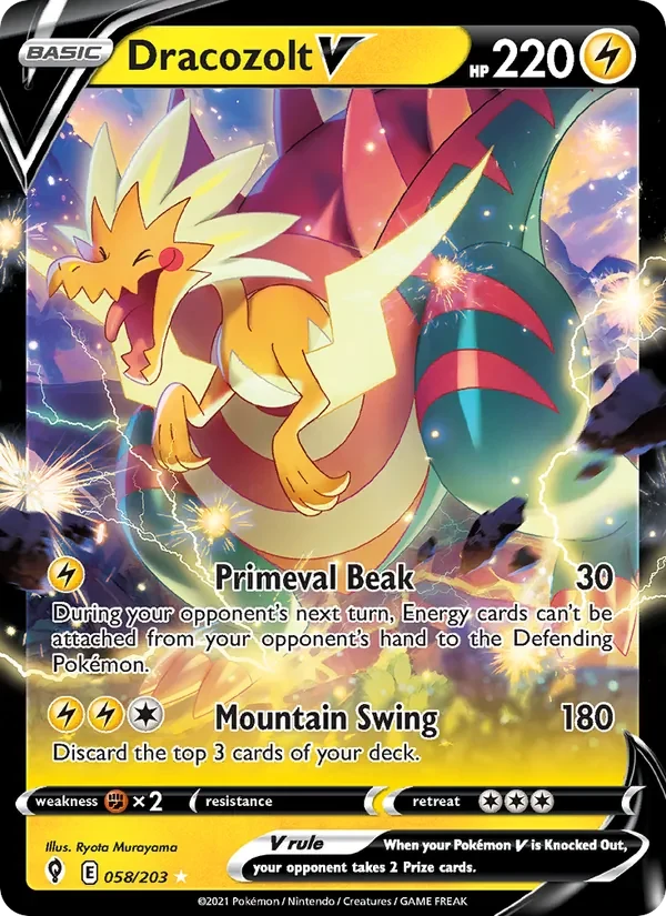 Dracozolt V 058/203 Evolving Skies Pokémon card, Holo Rare V, front scan