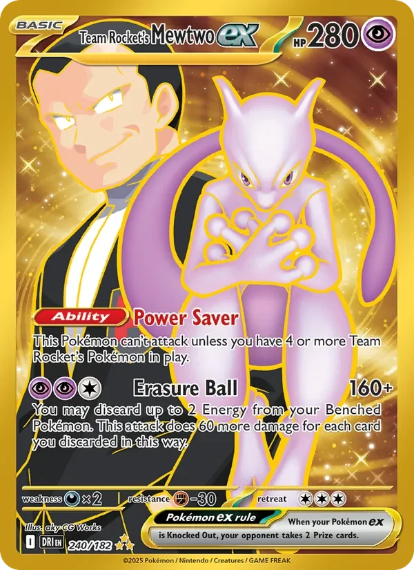 Team Rocket's Mewtwo ex 240/182 Destined Rivals Pokémon card, Hyper Rare, front scan