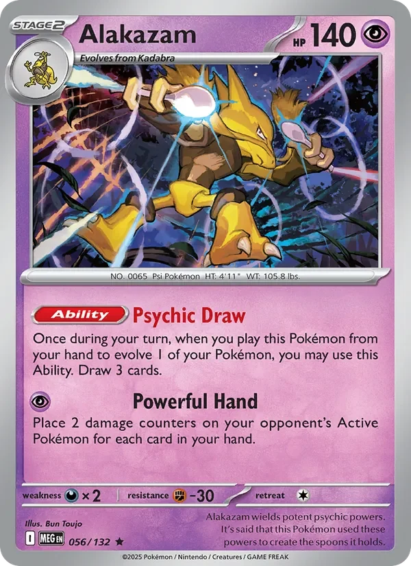 Alakazam 056/132 Mega Evolution Pokémon card, Rare, front scan