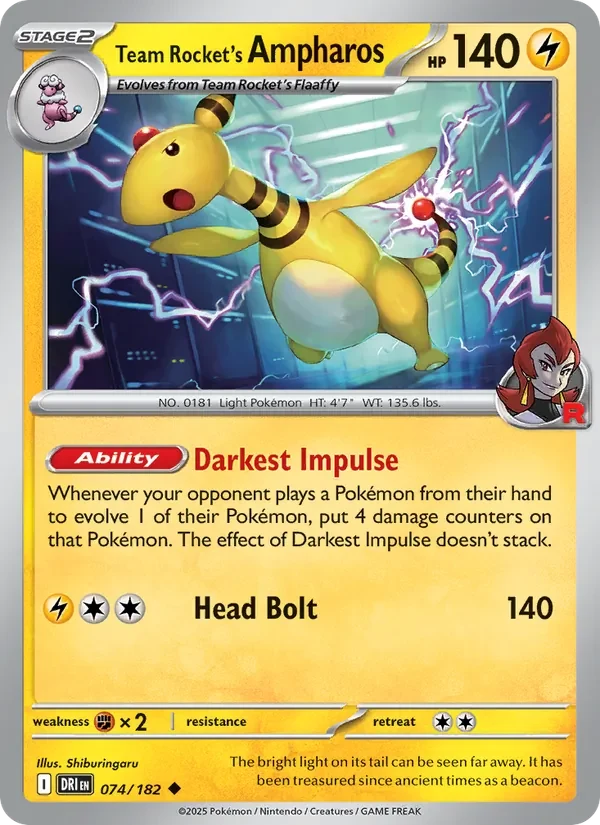 Team Rocket's Ampharos 074/182 Destined Rivals Pokémon card, Uncommon, front scan