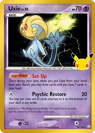 Uxie 43/146 30th Celebration Pokémon card, Classic Collection, front scan