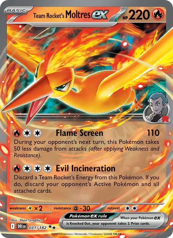 Team Rocket's Moltres ex 031/182 Destined Rivals Pokémon card, Double Rare, front scan