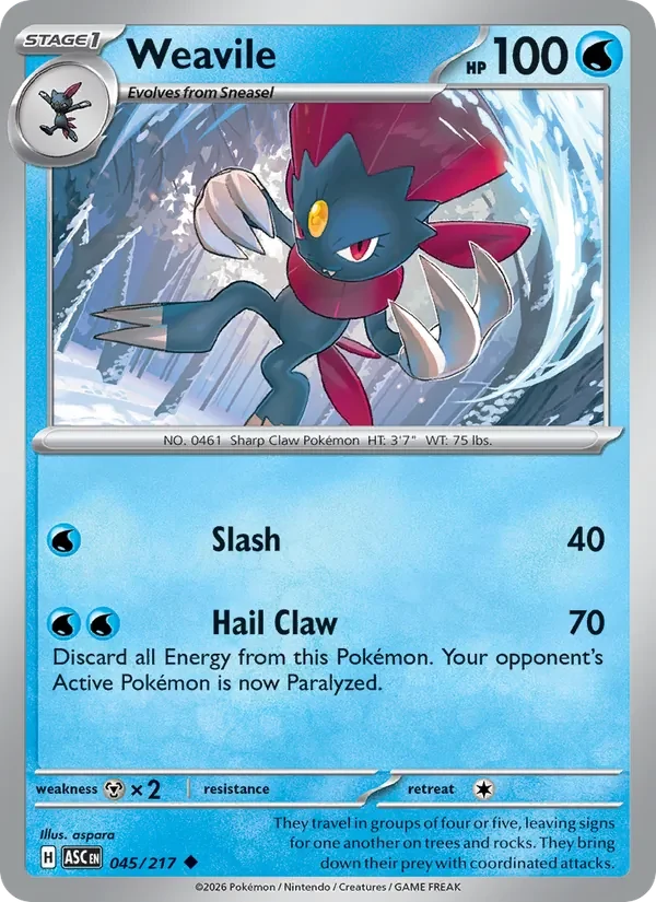 Weavile 045/217 Ascended Heroes Pokémon card, Uncommon, front scan