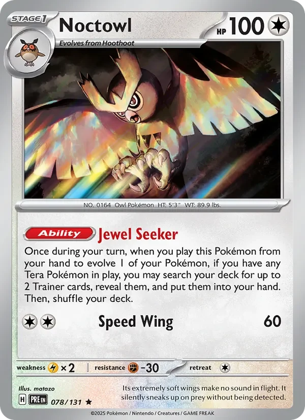 Noctowl 078/131 Prismatic Evolutions Pokémon card, Rare, front scan