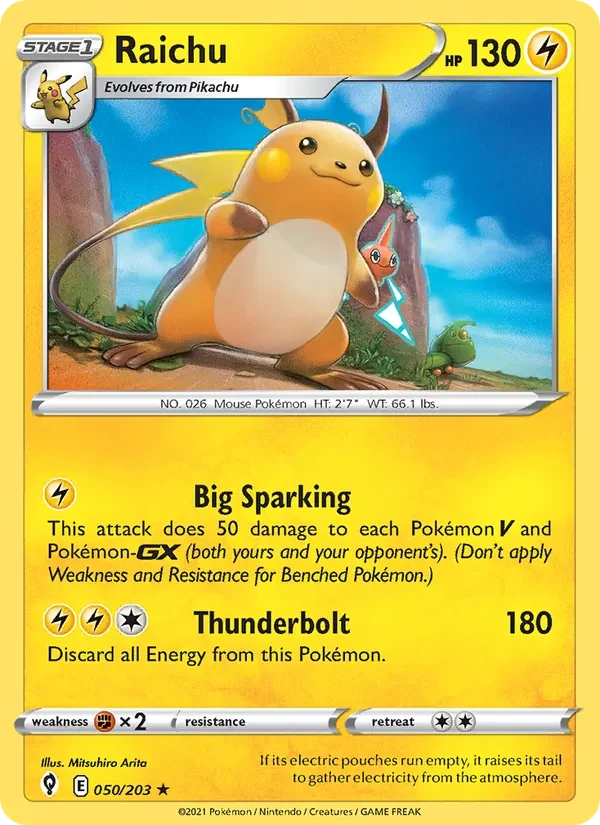 Raichu 050/203 Evolving Skies Pokémon card, Holo Rare, front scan