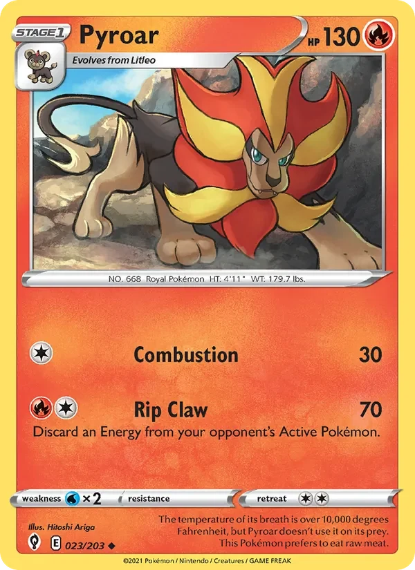 Pyroar 023/203 Evolving Skies Pokémon card, Uncommon, front scan
