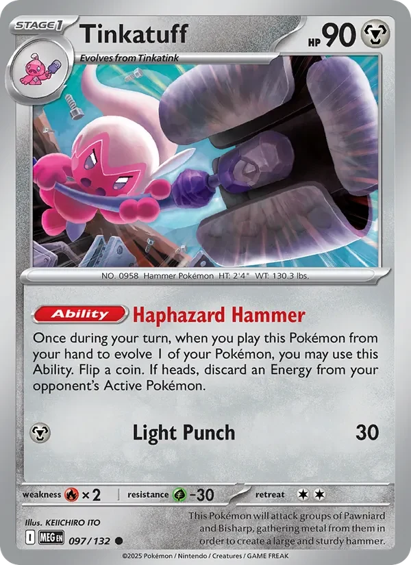 Tinkatuff 097/132 Mega Evolution Pokémon card, Common, front scan