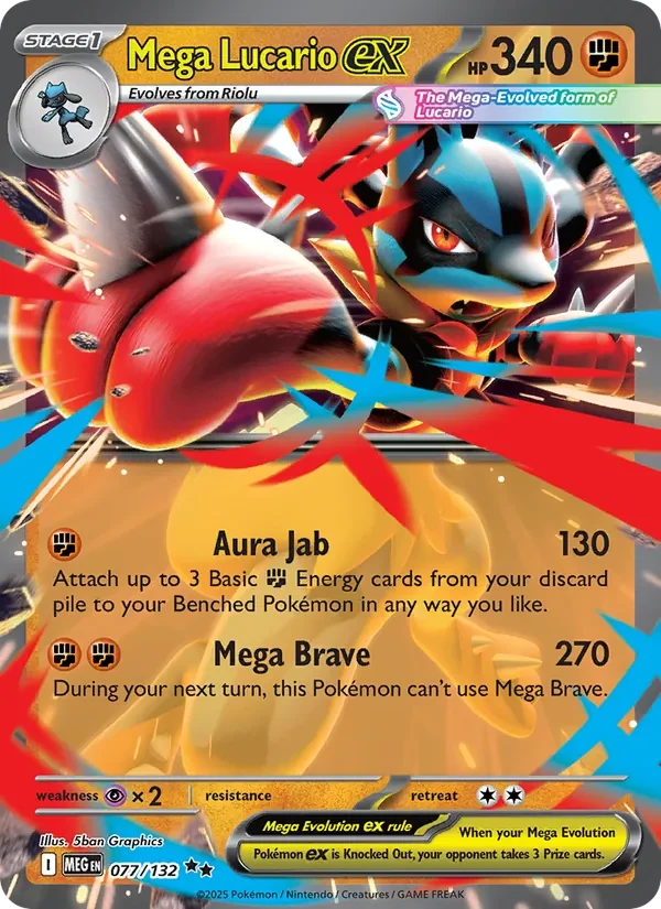 Mega Lucario ex 077/132 Mega Evolution Pokémon card, Double Rare, front scan