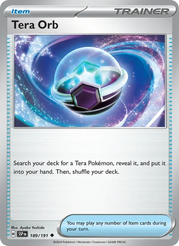Tera Orb 189/191 Surging Sparks Pokémon card, Uncommon, front scan