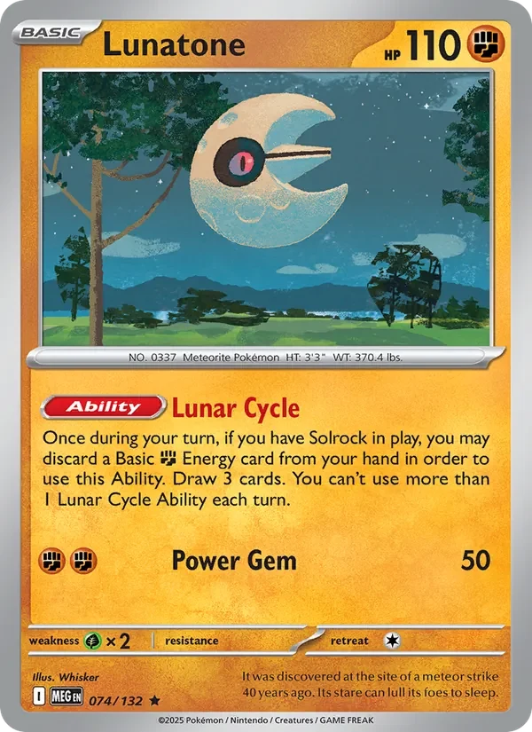 Lunatone 074/132 Mega Evolution Pokémon card, Rare, front scan