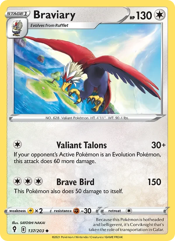 Braviary 137/203 Evolving Skies Pokémon card, Uncommon, front scan
