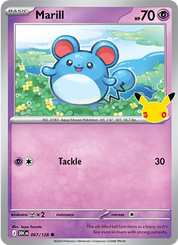 Marill 067/128 30th Celebration Pokémon card, Common, front scan