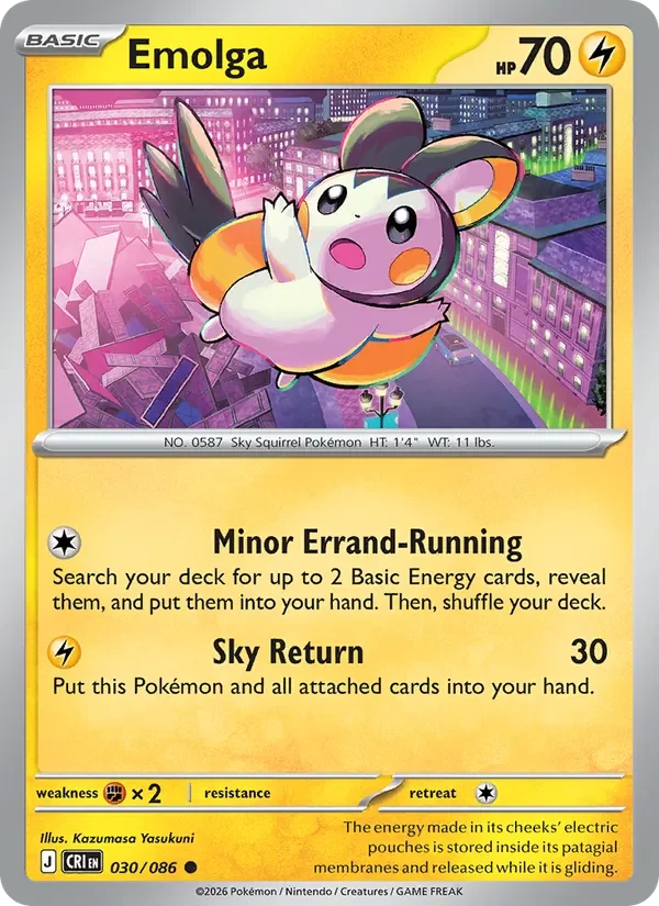 Emolga 030/086 Chaos Rising Pokémon card, Common, front scan
