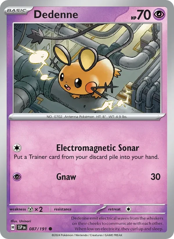 Dedenne 087/191 Surging Sparks Pokémon card, Common, front scan