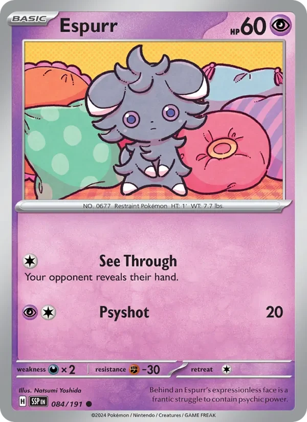 Espurr 084/191 Surging Sparks Pokémon card, Common, front scan