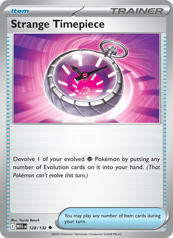 Strange Timepiece 128/132 Mega Evolution Pokémon card, Uncommon, front scan