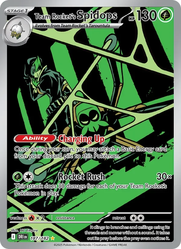 Team Rocket's Spidops 187/182 Destined Rivals Pokémon card, Illustration Rare, front scan