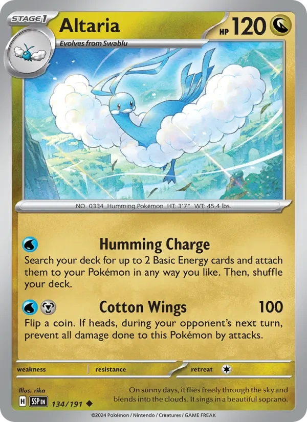 Altaria 134/191 Surging Sparks Pokémon card, Uncommon, front scan