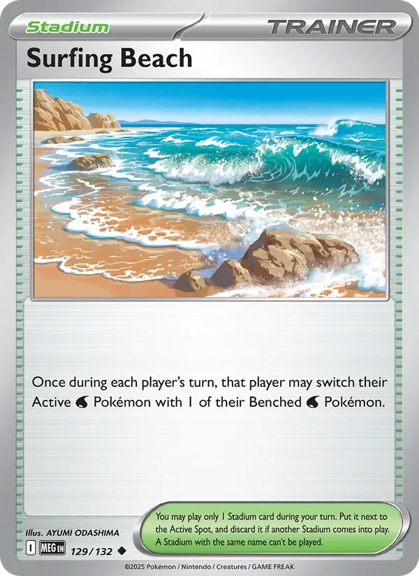 Surfing Beach 129/132 Mega Evolution Pokémon card, Uncommon, front scan