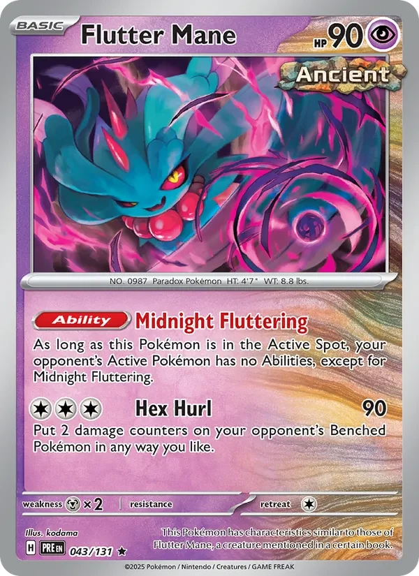 Flutter Mane 043/131 Prismatic Evolutions Pokémon card, Rare, front scan