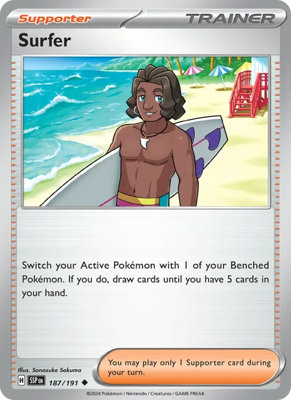 Surfer 187/191 Surging Sparks Pokémon card, Uncommon, front scan