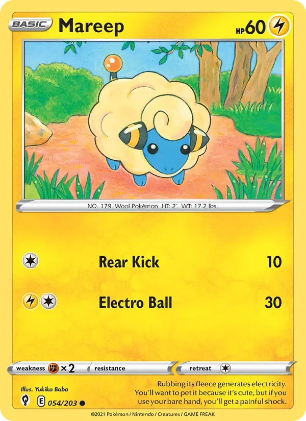 Mareep 054/203 Evolving Skies Pokémon card, Common, front scan