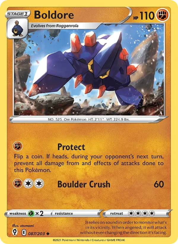 Boldore 087/203 Evolving Skies Pokémon card, Uncommon, front scan