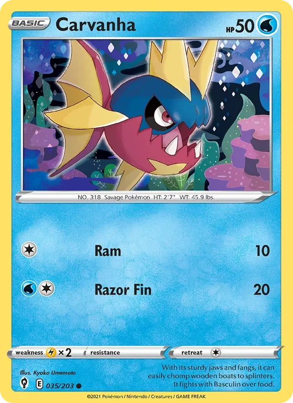 Carvanha 035/203 Evolving Skies Pokémon card, Common, front scan