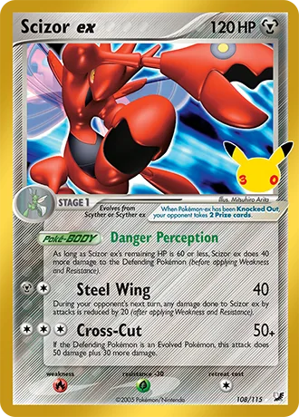 Scizor ex 108/115 30th Celebration Pokémon card, Classic Collection, front scan