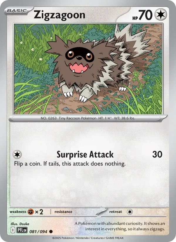 Zigzagoon 081/094 Phantasmal Flames Pokémon card, Common, front scan