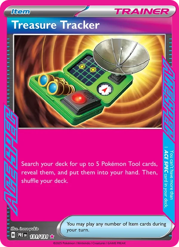 Treasure Tracker 131/131 Prismatic Evolutions Pokémon card, Ace Spec Rare, front scan
