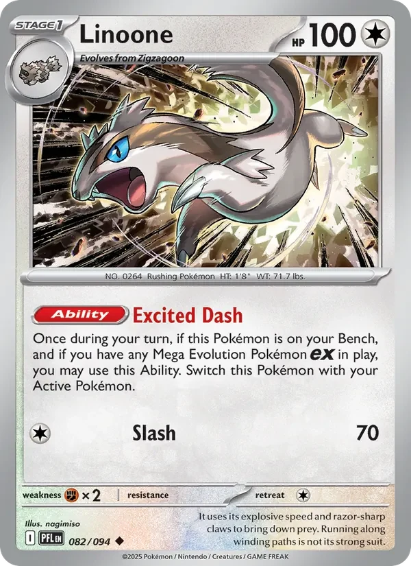 Linoone 082/094 Phantasmal Flames Pokémon card, Uncommon, front scan