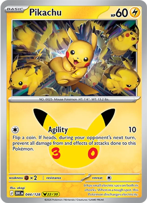 Pikachu 044/128 30th Celebration Pokémon card, Pikachu Rare, front scan