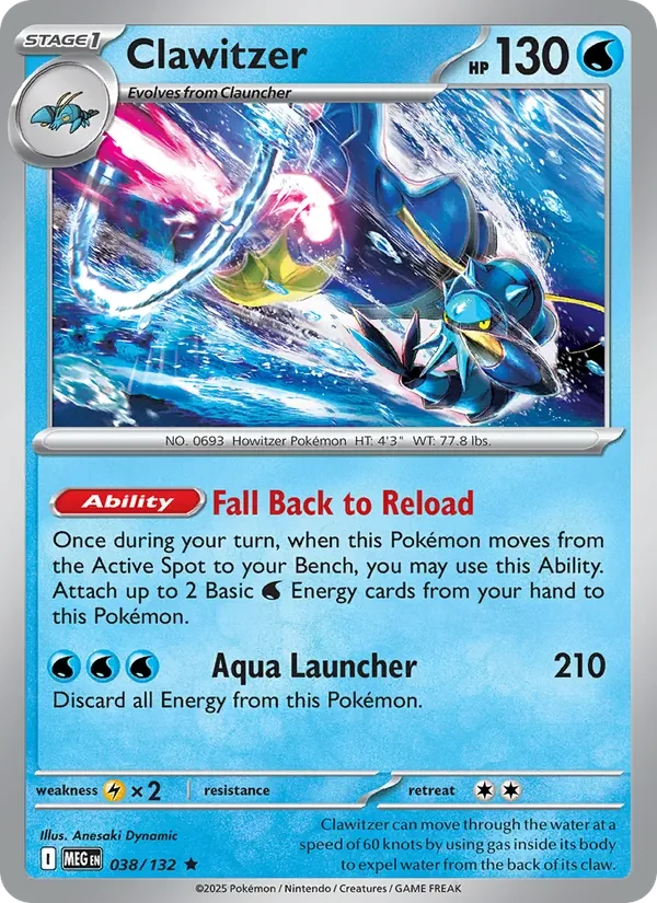 Clawitzer 038/132 Mega Evolution Pokémon card, Rare, front scan