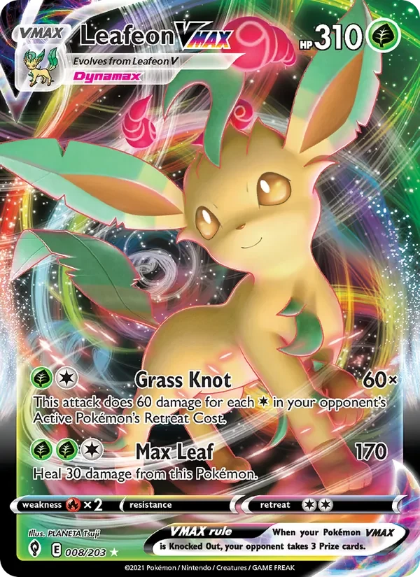 Leafeon VMAX 008/203 Evolving Skies Pokémon card, Holo Rare Vmax, front scan