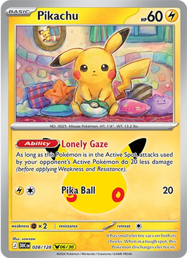 Pikachu 028/128 30th Celebration Pokémon card, Pikachu Rare, front scan