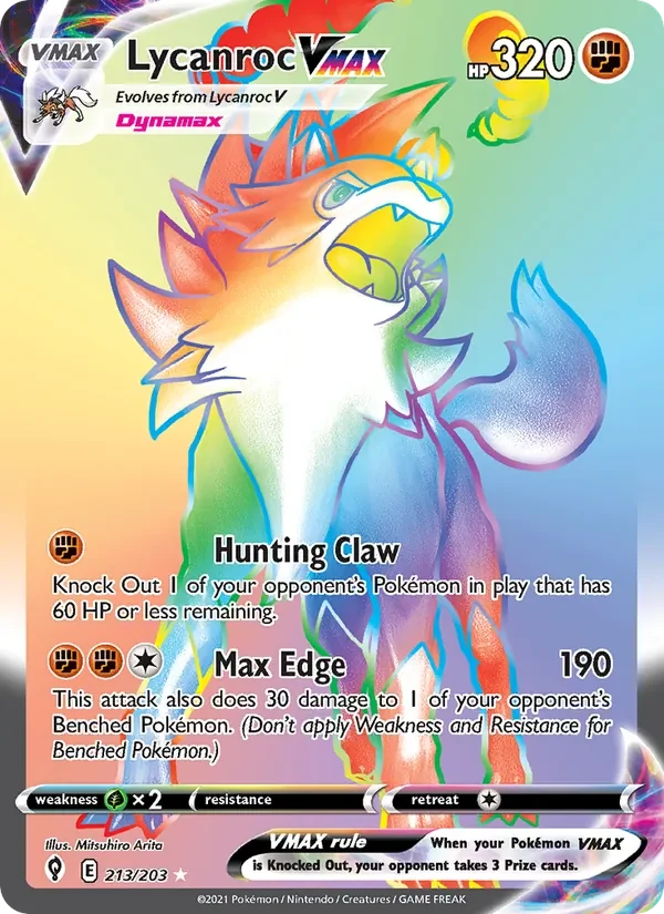 Lycanroc VMAX 213/203 Evolving Skies Pokémon card, Secret Rare, front scan