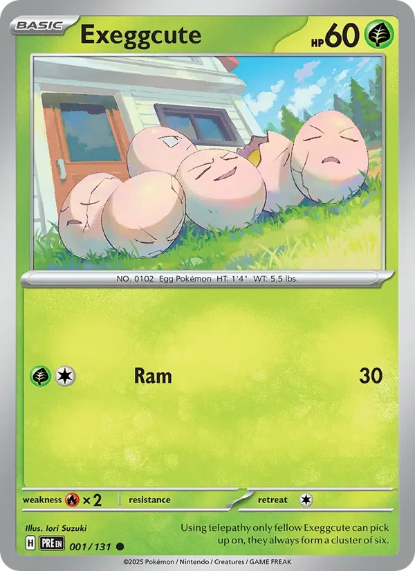 Exeggcute 001/131 Prismatic Evolutions Pokémon card, Common, front scan