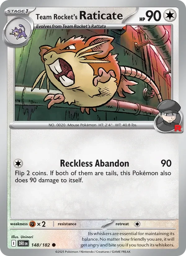 Team Rocket's Raticate 148/182 Destined Rivals Pokémon card, Common, front scan